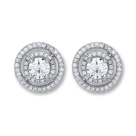 925 Sterling Silver Cz Double Halo Round Stud Earrings