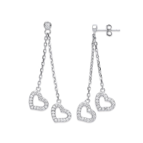 925 Sterling Silver 2-Strand Cz Hearts Drop Earrings