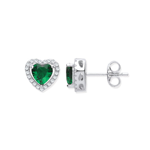 925 Sterling Silver Green Cz Halo Heart Stud Earrings