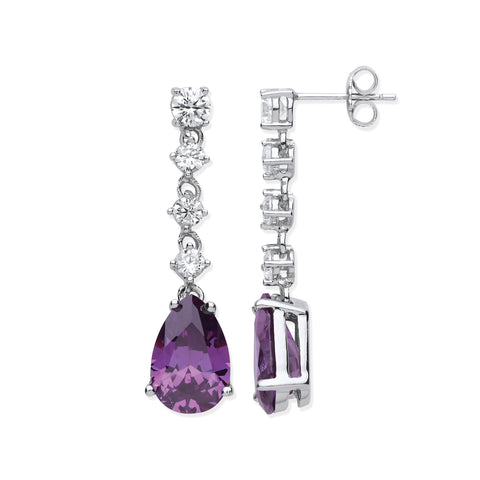 925 Sterling Silver Clear & Amethyst Colour CZs Long Drop Earrings