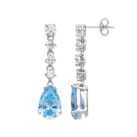 925 Sterling Silver Clear & Aquamarine Colour CZs Long Drop Earrings