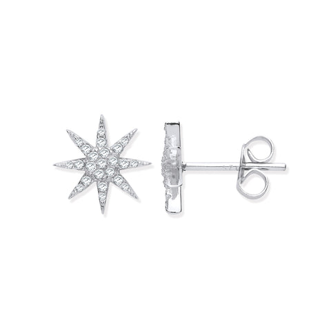 925 Sterling Silver Starburst Cz Stud Earrings