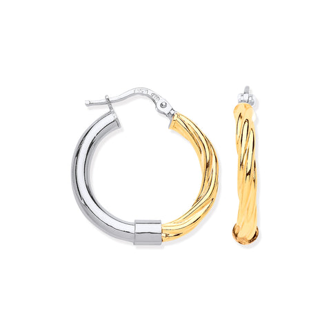 925 Sterling Silver 25mm Large Tube & Yellow Gold Plated Twist Hoop Earrings