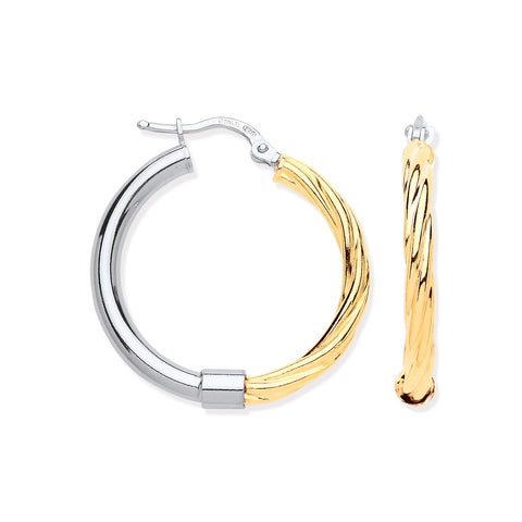 925 Sterling Silver 30mm Large Tube & Yellow Gold Plated Twist Hoop Earrings