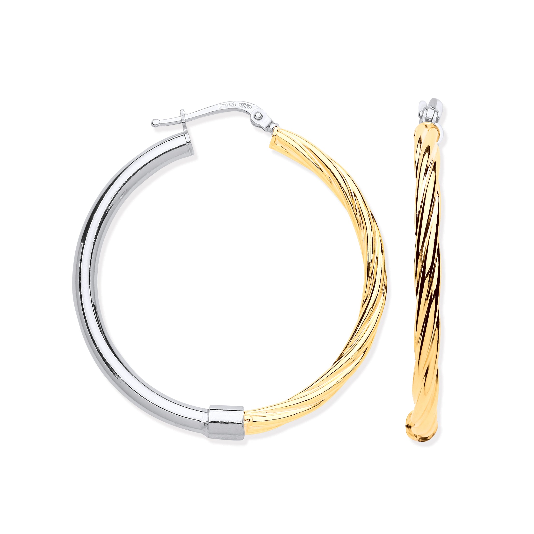 925 Sterling Silver Large Tube & Yellow Gold Plated Twist Hoop Earrings