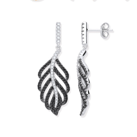 925 Sterling Silver Black & Clear CZ Leaf Drop Earrings