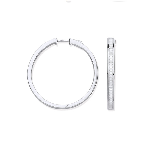 925 Sterling Silver 35mm Baguette Cut Hoop Earrings
