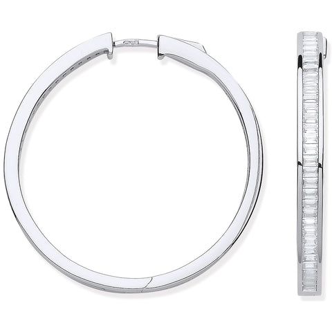 925 Sterling Silver 35mm Baguette Cut Hoop Earrings