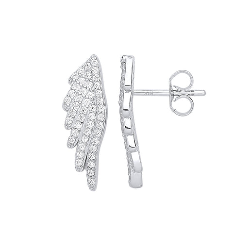 925 Sterling Silver Angel Wing Cz Stud Earrings