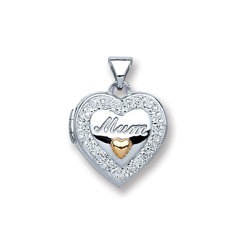 925 Sterling Silver Heart Mum with Crystals Locket & Chain