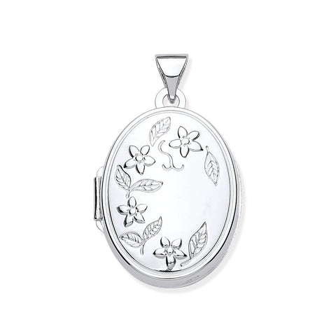 925 Sterling Silver Engraved Flower Oval Locket with Chain