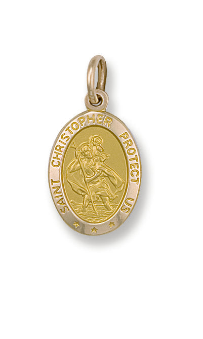 Saint Christopher Protect Us Oval Medal Charm in Solid 14K Gold Saint Christopher Protect Us Oval Medal Charm in Solid 14K Gold