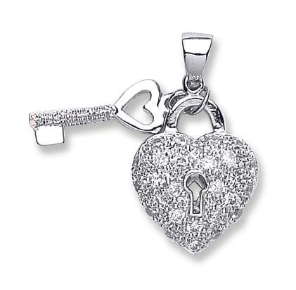 925 Sterling Silver Heart & Key Drop Pendant with 18" Chain