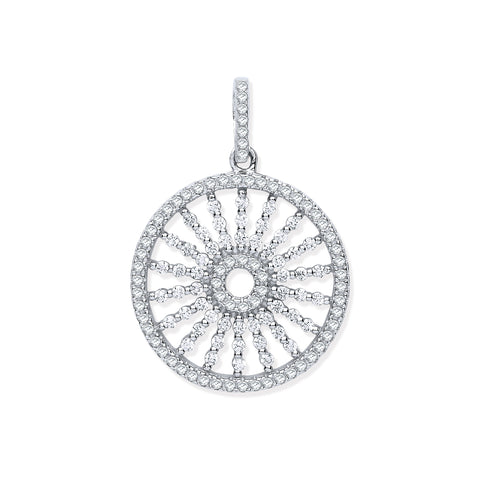 925 Sterling Silver Circle with Burst Lines Cz Pendant with Chain