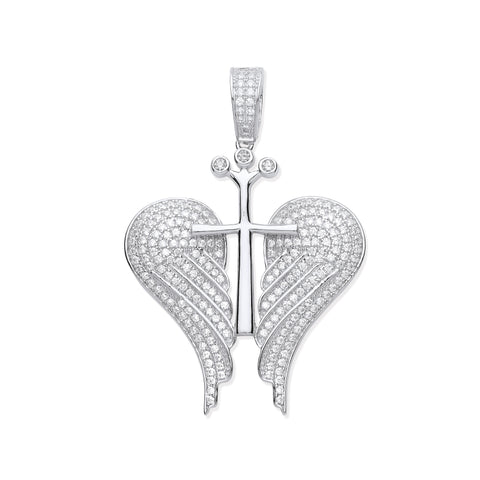 925 Sterling Silver CZ Open Angel Wings with Royal Cross Pendant