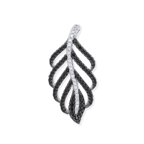 925 Sterling Silver Black & Clear CZ Leaf Drop Pendant with Chain