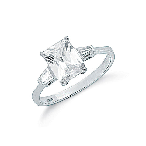 925 Sterling Silver Claw Set Emerald Cut Cz Solitaire Ring