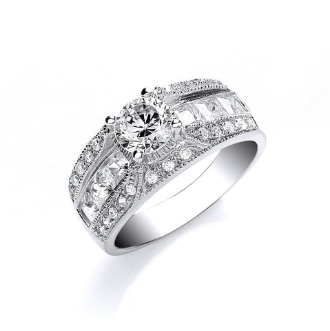 925 Sterling Silver Round Brilliant with Princess Cut Cz Shield Ring