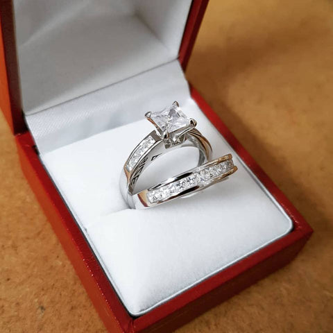 925 Sterling Silver Bridal Set Cz Princess Cut Rings 