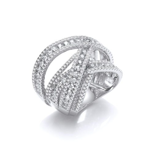 925 Sterling Silver Intertwined Channel & Pave Set Cz Crossover Ring
