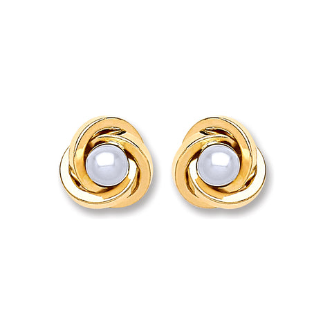 9ct Gold Simulated Pearl Knot Studs