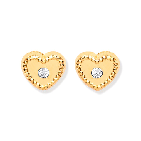 9ct Yellow Gold Heart Ribbed Edge with Cubic Zirconia Stud Earrings