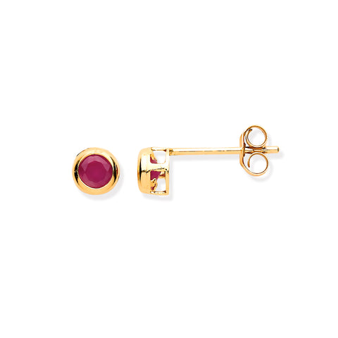 9ct Yellow Gold 3.8mm Natural Ruby Rubover Stud Earrings