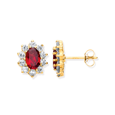 9ct Yellow Gold Natural Ruby & CZs Cluster Stud Earrings