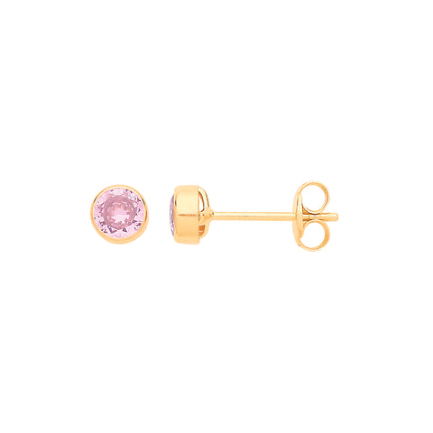 9ct Yellow Gold Rubover Set Pink Cubic Zirconia Studs