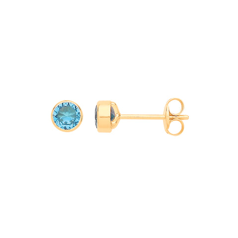 9ct Yellow Gold Rubover Set Blue CZ Studs