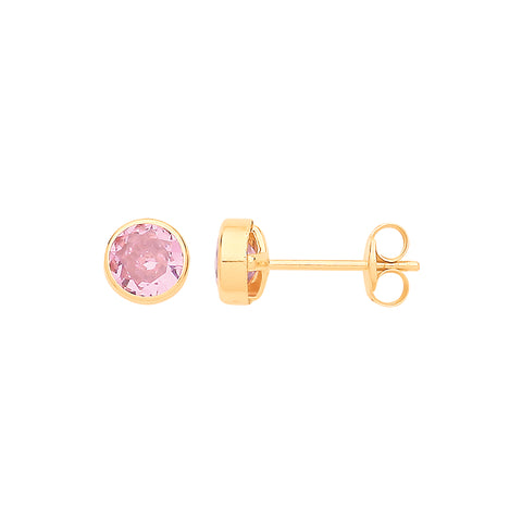 9ct Yellow Gold Rubover Set Pink Cubic Zirconia Studs