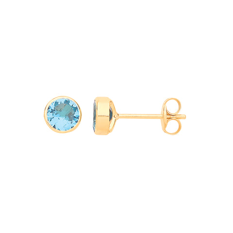 9ct Yellow Gold Rubover Set Blue CZ Studs