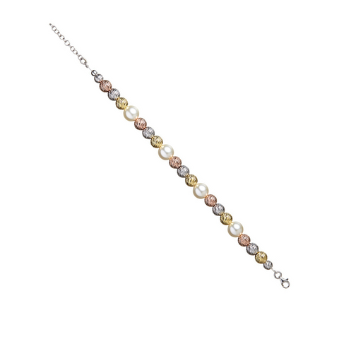 925 Sterling Silver, Yellow, Rose & Pearl Ball Bracelet