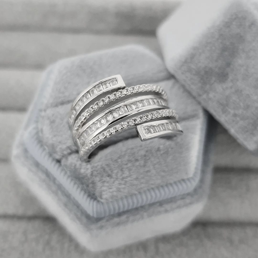 925 Sterling Silver 5-Layered Baguette & Round Cz's Ring J-Jaz