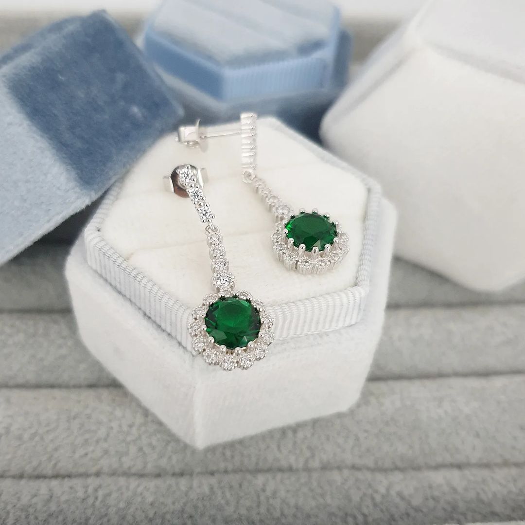 925 Sterling Silver Round Green Cubic Zirconia Long Drop Earrings