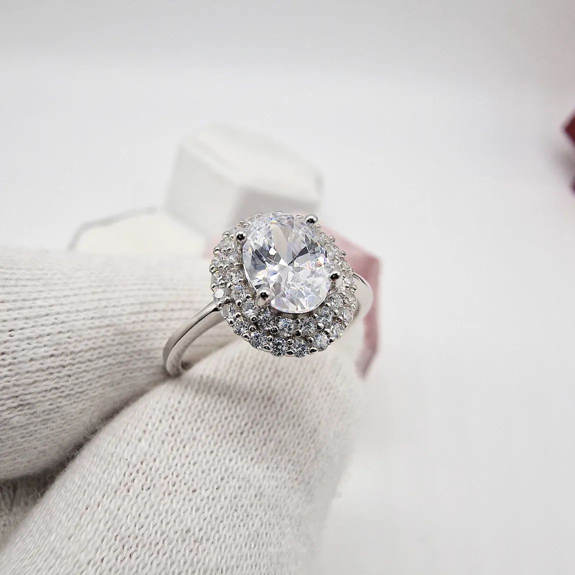925 Sterling Silver Oval Cz Double Halo Ring