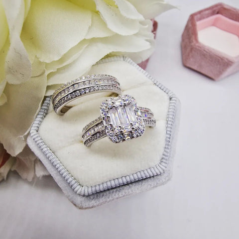 925 Sterling Silver Round & Baguette Cz Ladies Ring Set