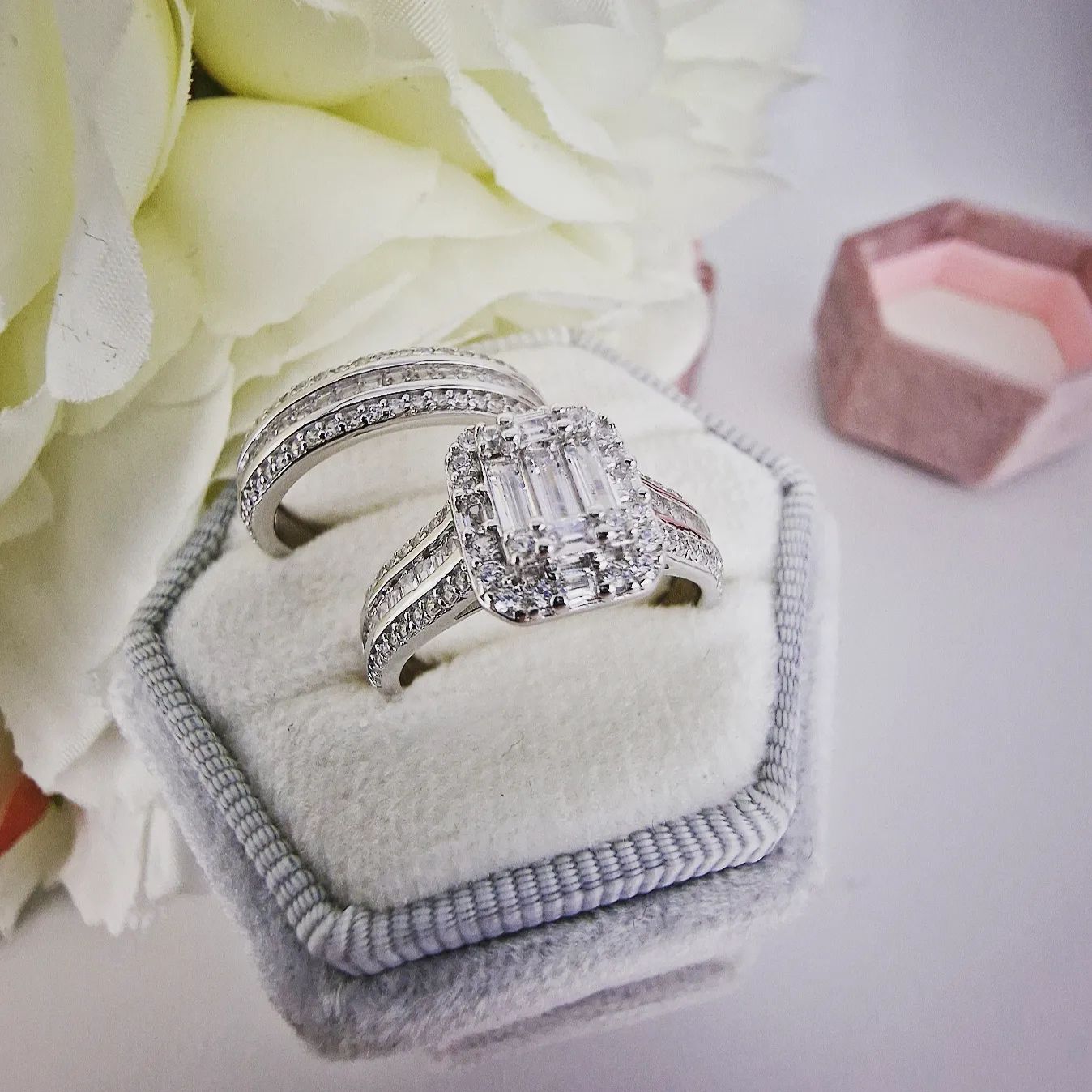 925 Sterling Silver Round & Baguette Cz Ladies Ring Set