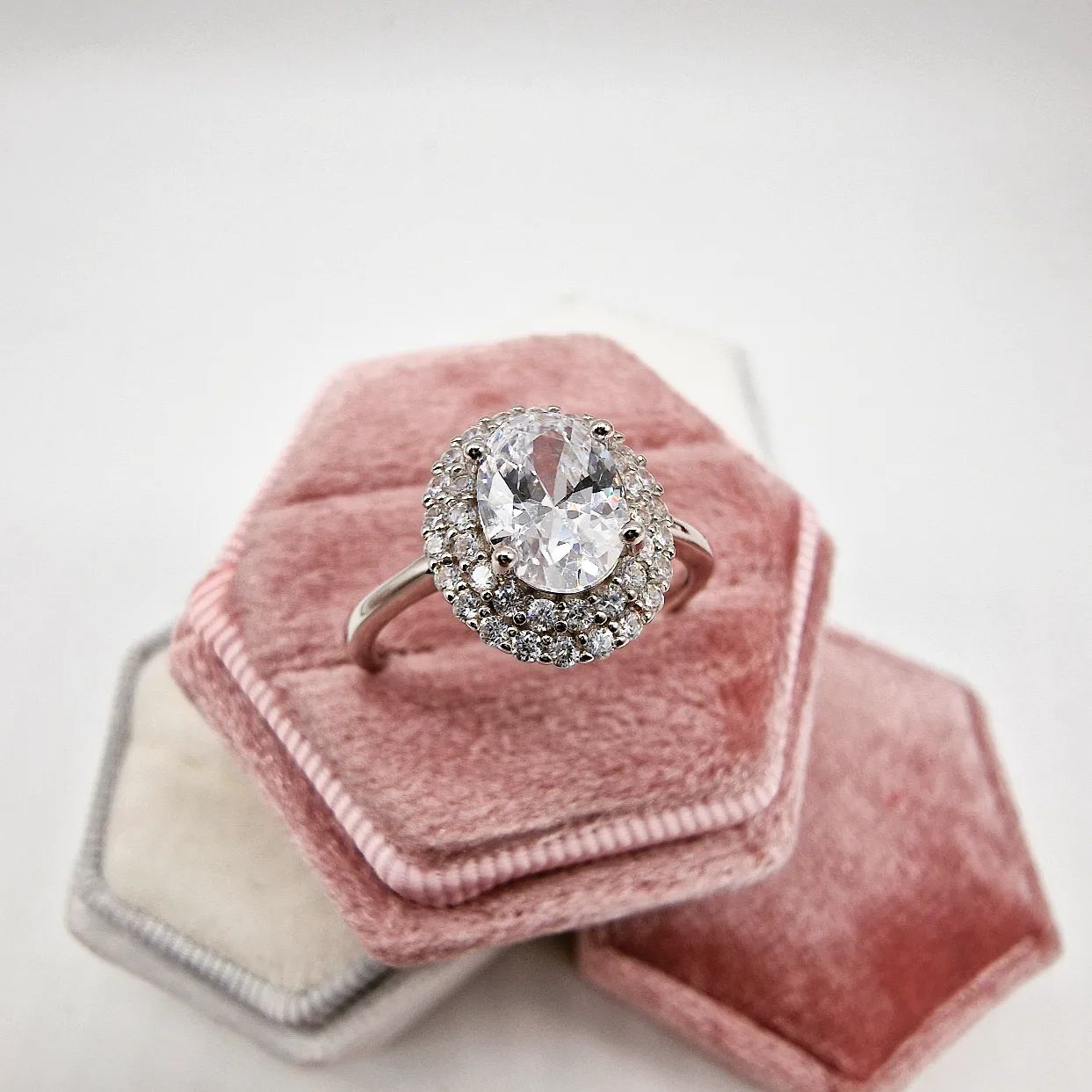 925 Sterling Silver Oval Cz Double Halo Ring