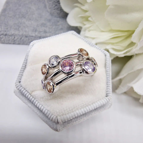 925 Sterling Silver Multi Colour Rubover set CZs Ring - J Jaz