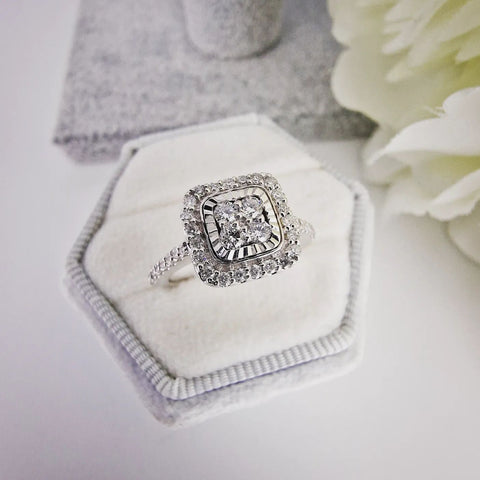 9ct White Gold 0.40ctw Diamond Cluster Ring with Diamond Cut Bezel Ring