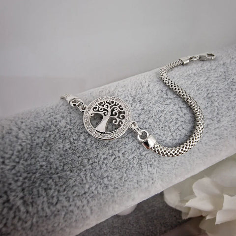 925 Sterling Silver Cz Circle Of Life Ladies Bracelet Mesh Chain