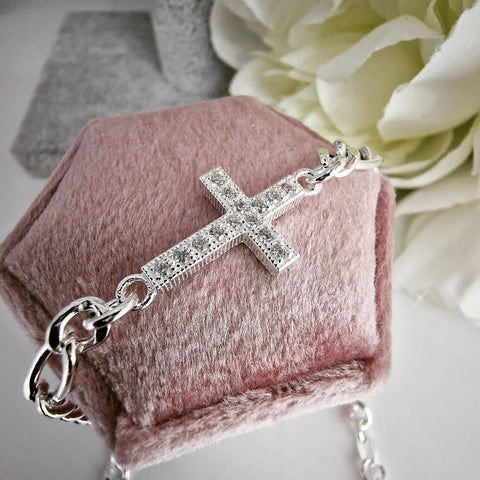 925 Sterling Silver Figaro Chain with Cz Cross Bracelet