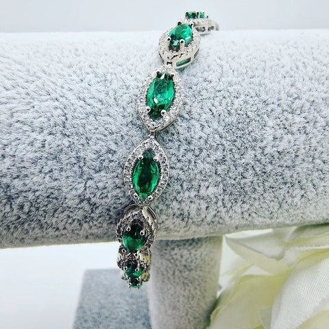 925 Sterling Silver Green Marquise Cut CZs Ladies Bracelet