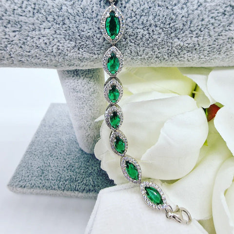 925 Sterling Silver Green Marquise Cut CZs Ladies Bracelet