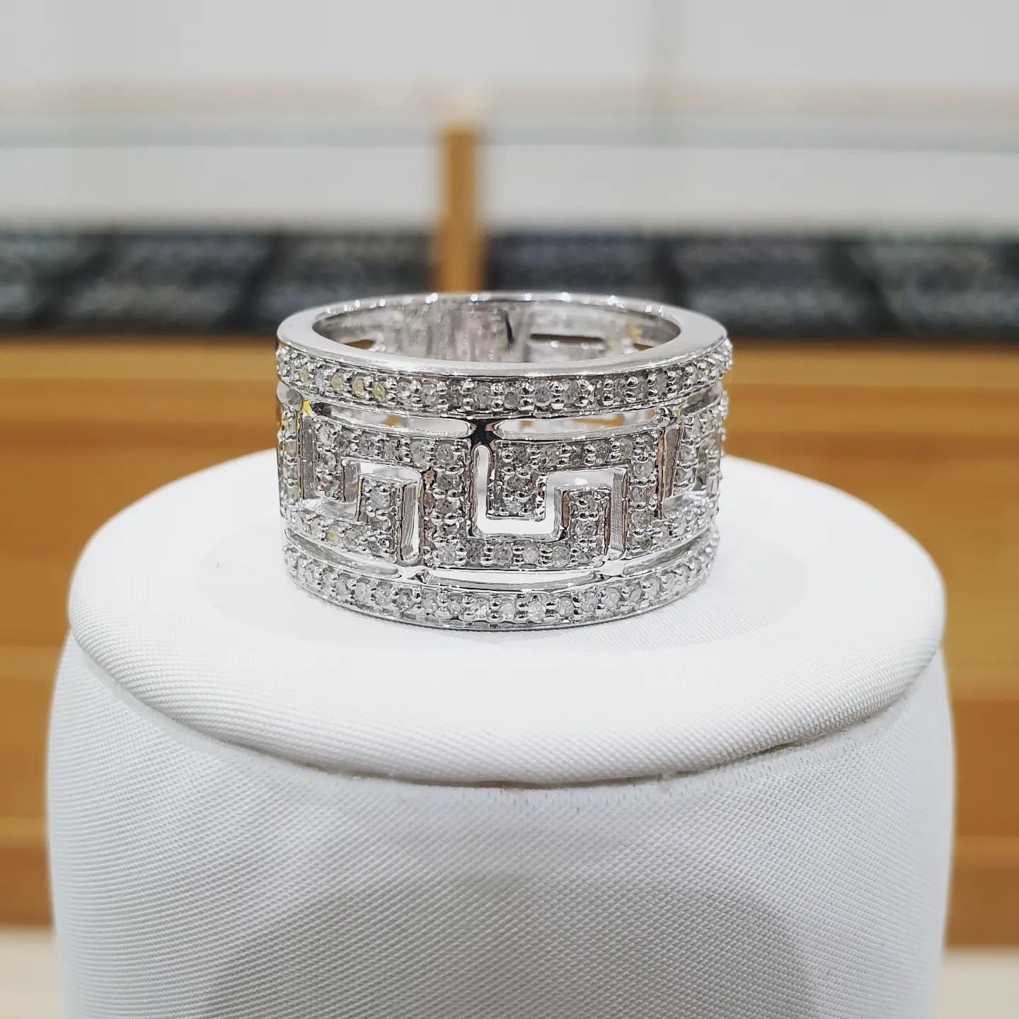 9ct White Gold 0.50ct Diamond Greek Key Ring