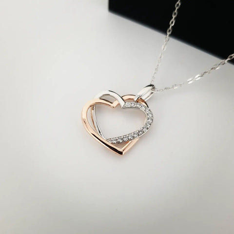 925 Sterling Silver Cubic Zirconia Two Tone Double Heart Necklace 16"-18" Extendable Chain