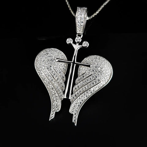 925 Sterling Silver CZ Open Angel Wings with Royal Cross Pendant