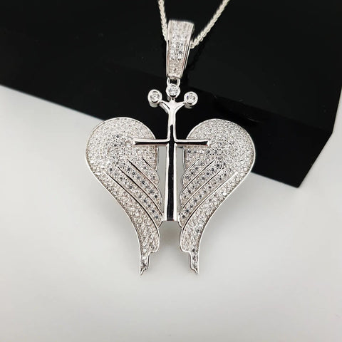 925 Sterling Silver CZ Open Angel Wings with Royal Cross Pendant