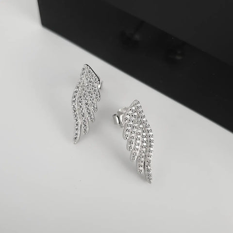 925 Sterling Silver Angel Wing Cz Stud Earrings